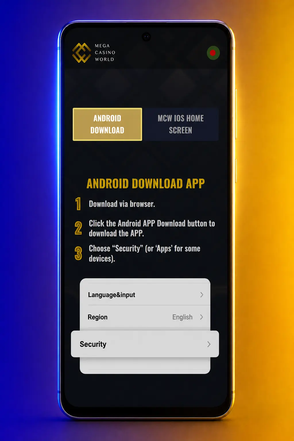 Mega Casino World APK অ্যান্ড্রয়েডে ডাউনলোড ও ইনস্টল পদ্ধতি